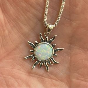 Turquoise or Blue or White Lab Opal or Onyx Blazing Sun Sterling Silver Necklace
